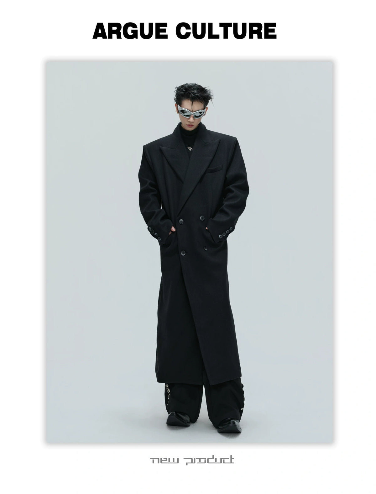 Black Asymmetric Wool-Blend Long Coat | Double-Breasted - description image 16