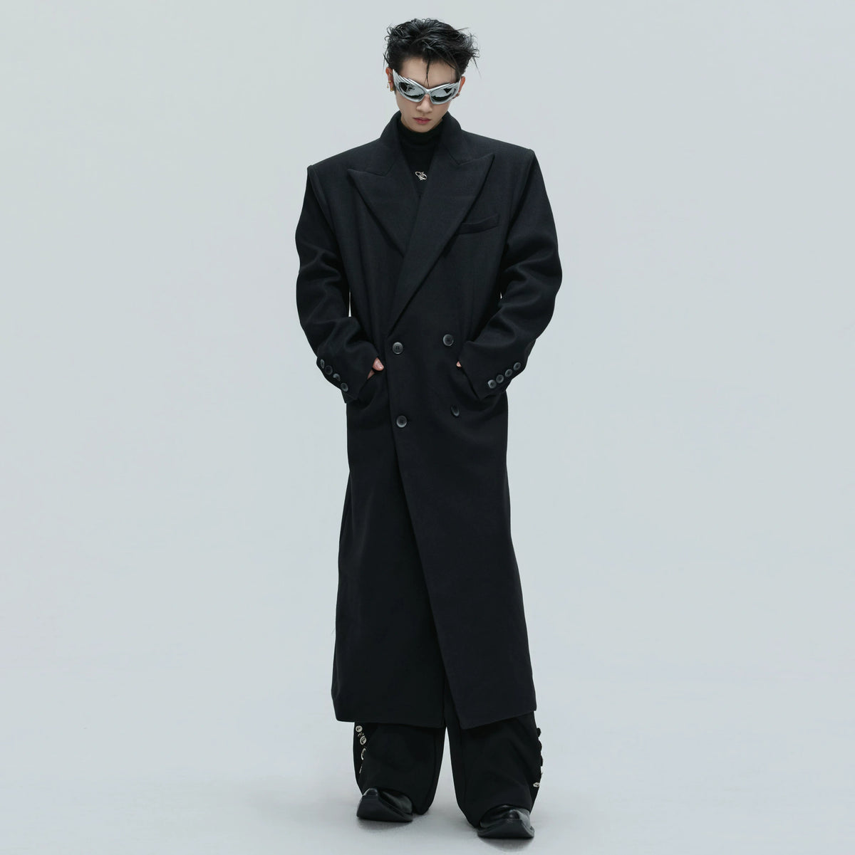 Black Asymmetric Wool-Blend Long Coat | Double-Breasted - main image 1