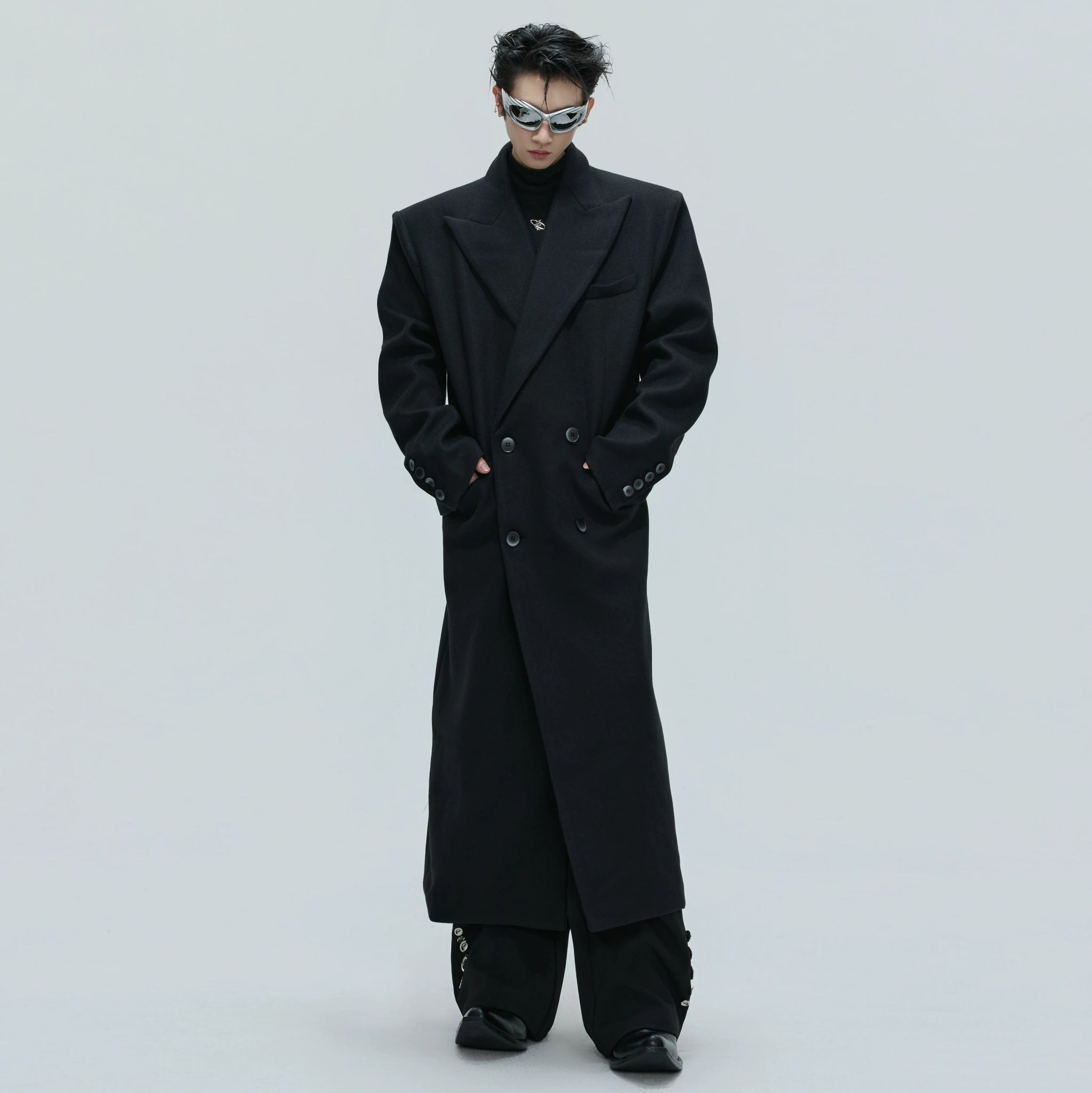 Black Asymmetric Wool-Blend Long Coat | Double-Breasted - main image 1
