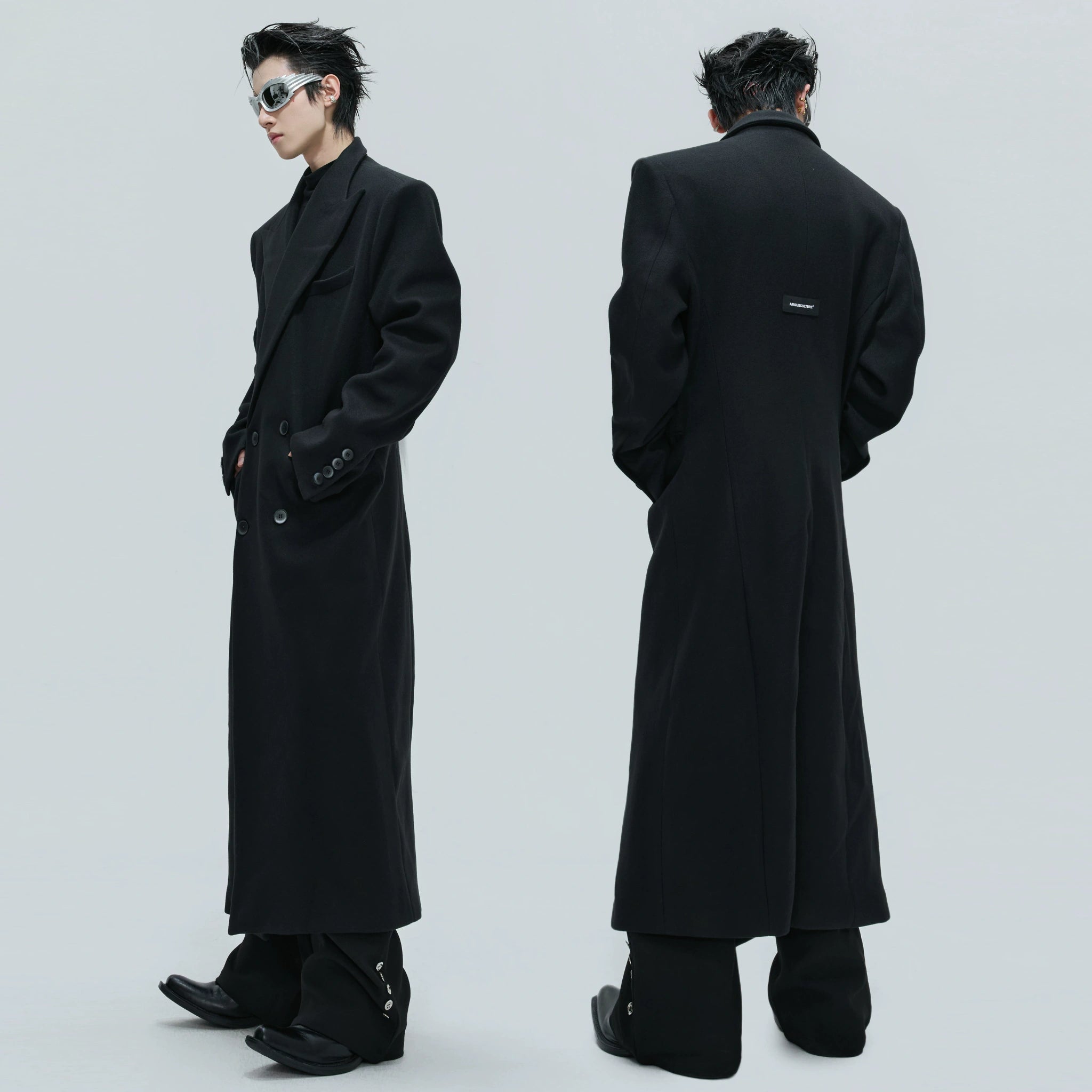Black Asymmetric Wool-Blend Long Coat | Double-Breasted - main image 3