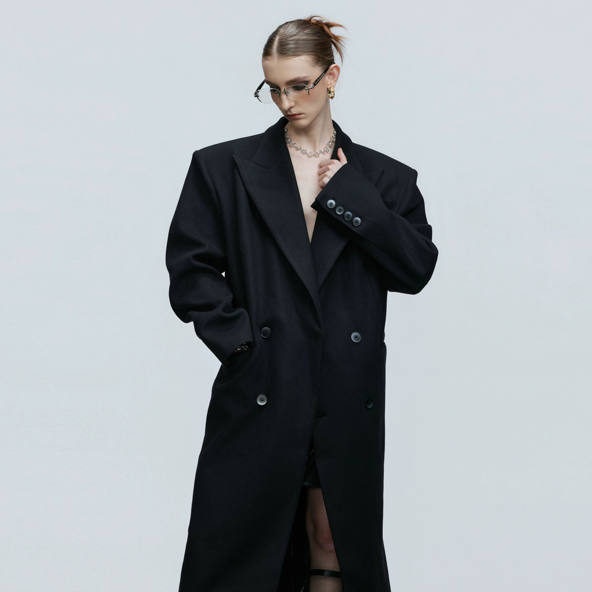 Black Asymmetric Wool-Blend Long Coat | Double-Breasted - main image 4