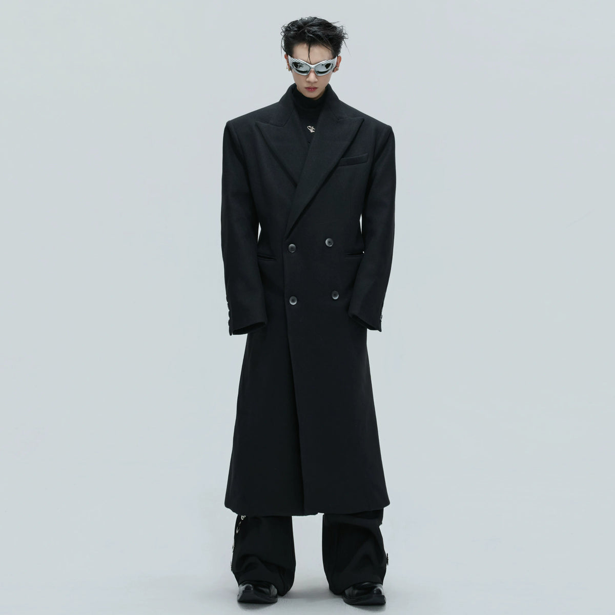 Black Asymmetric Wool-Blend Long Coat | Double-Breasted - main image 5