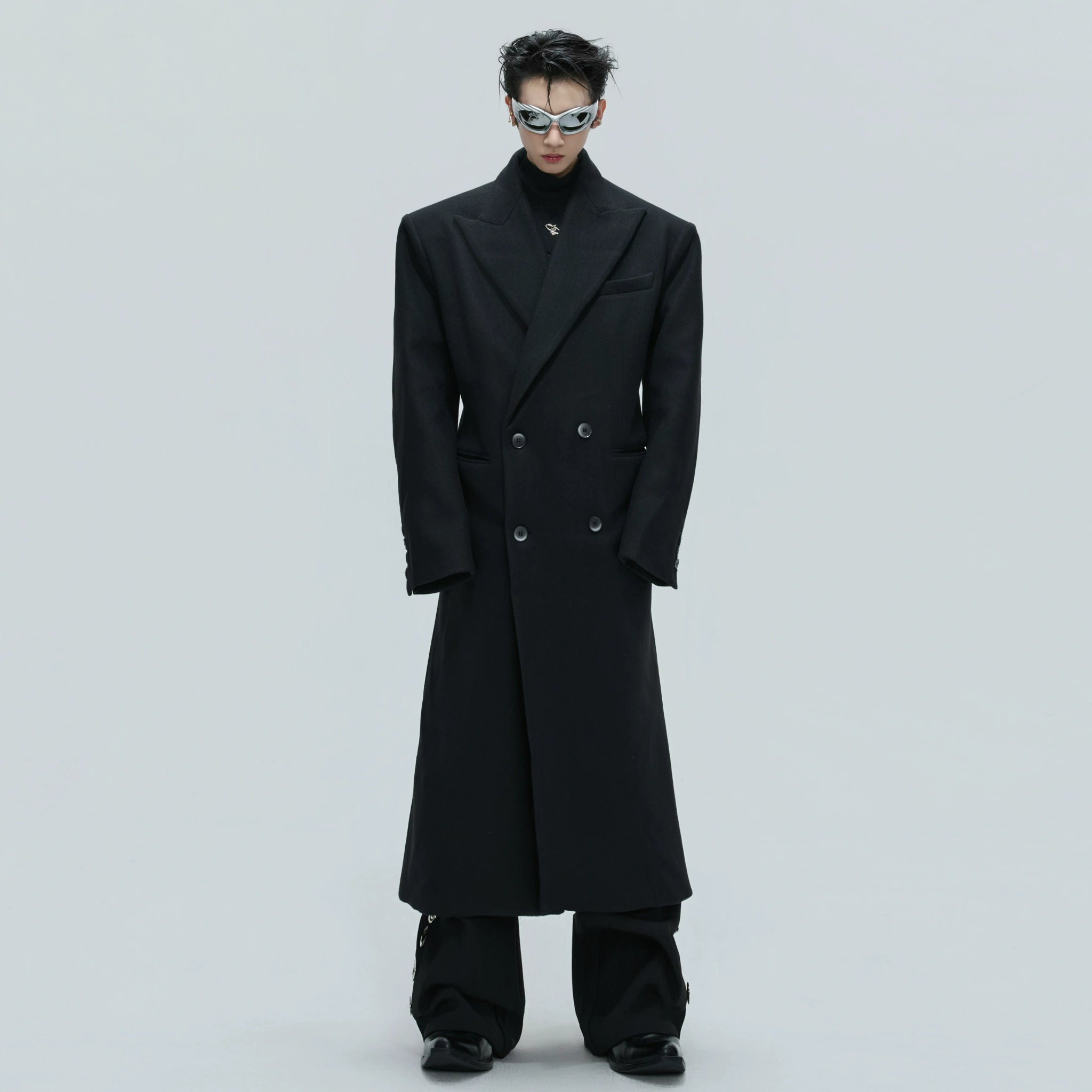 Black Asymmetric Wool-Blend Long Coat | Double-Breasted - main image 5