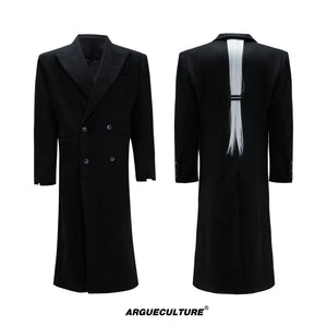 Black Asymmetric Wool-Blend Long Coat | Double-Breasted - Black Top