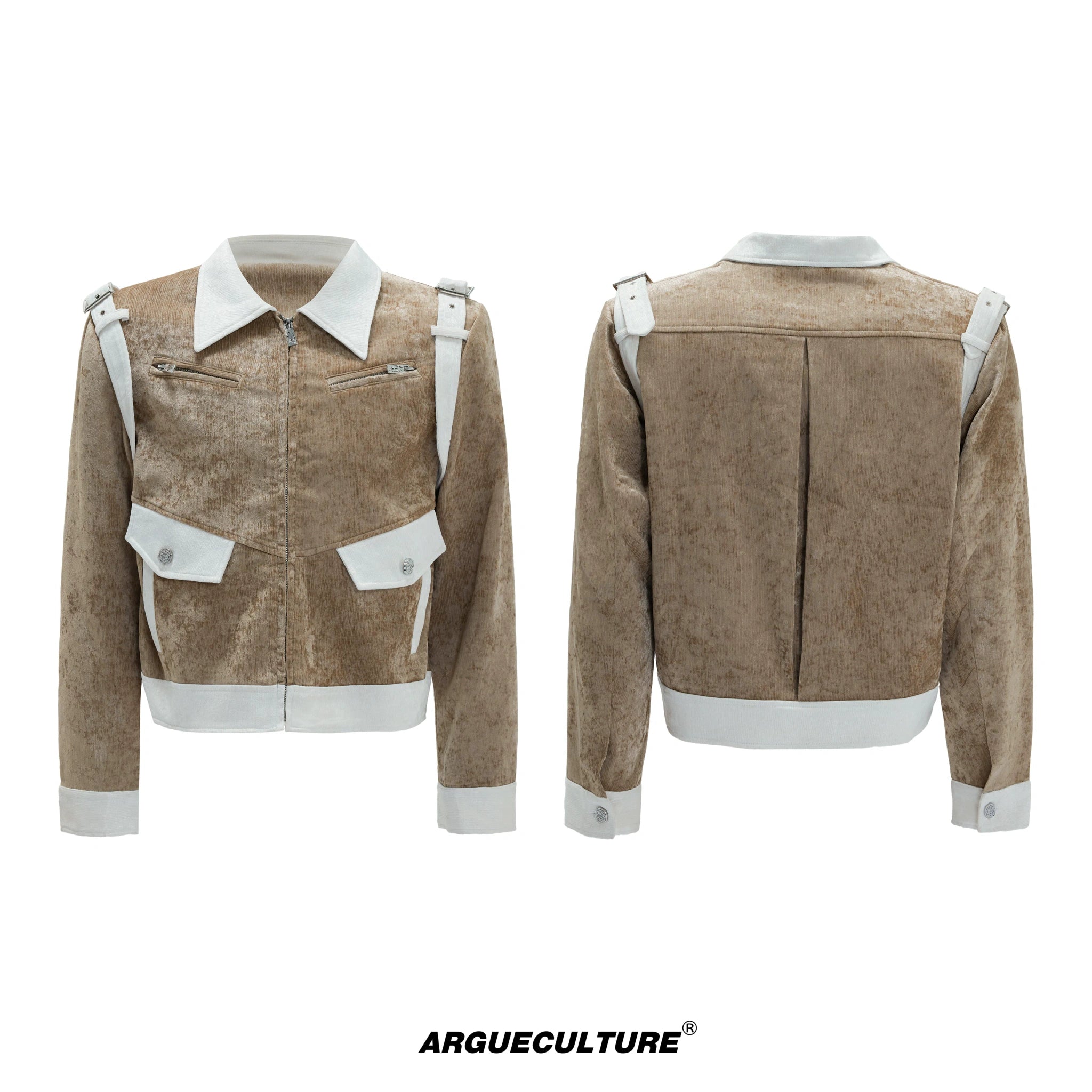 Color-Block Velvet Cropped Jacket | Unisex Streetwear - White Brown Top