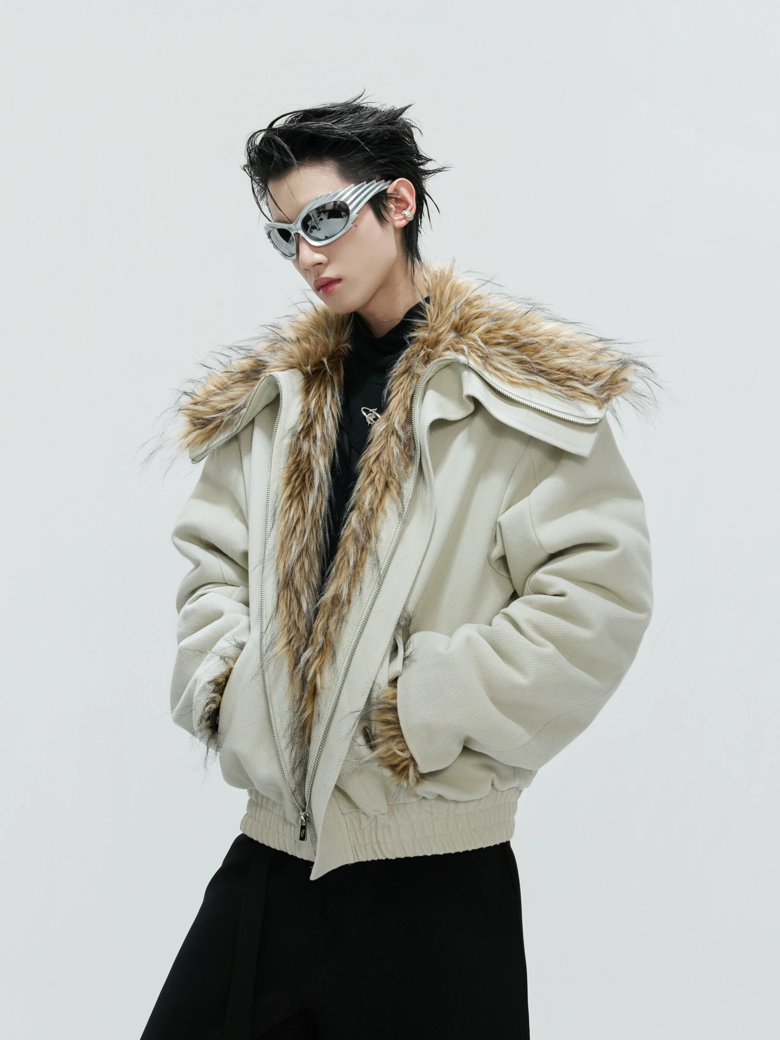 Washed White Fleece-Lined High-Collar Jacket - main image 1