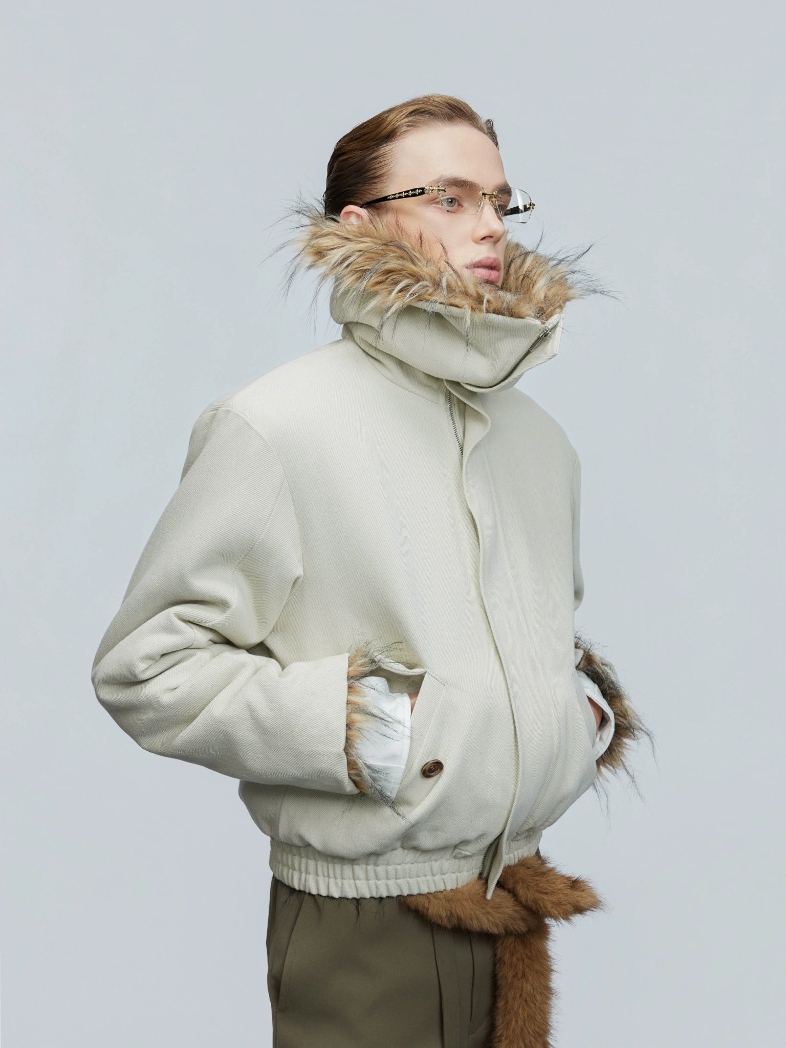 Washed White Fleece-Lined High-Collar Jacket - main image 2