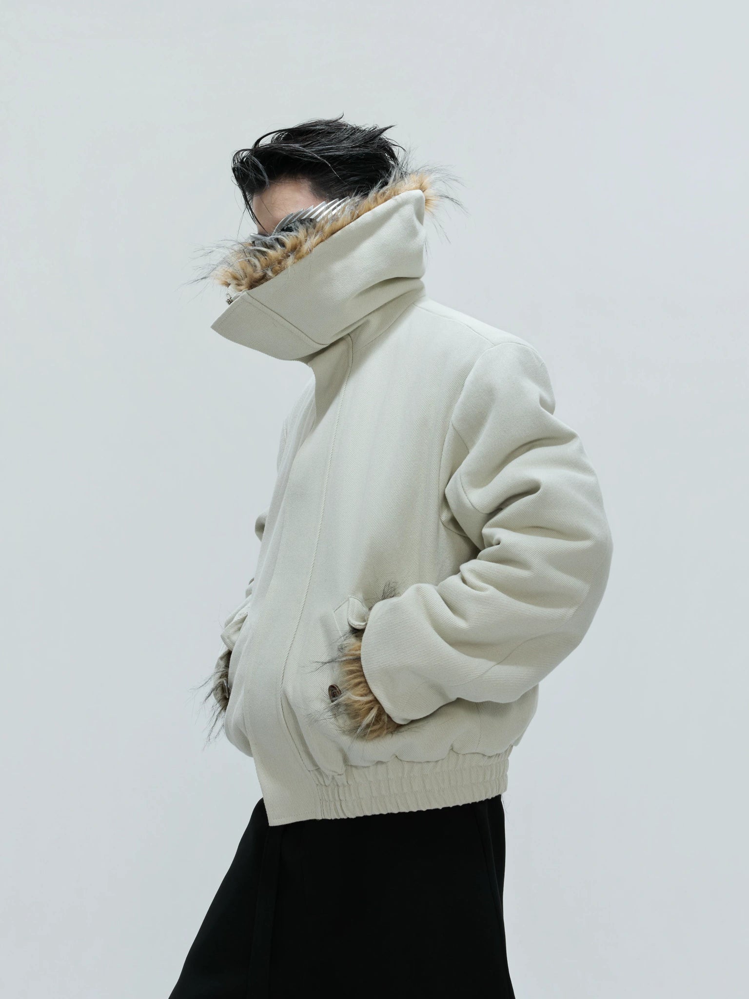 Washed White Fleece-Lined High-Collar Jacket - main image 3