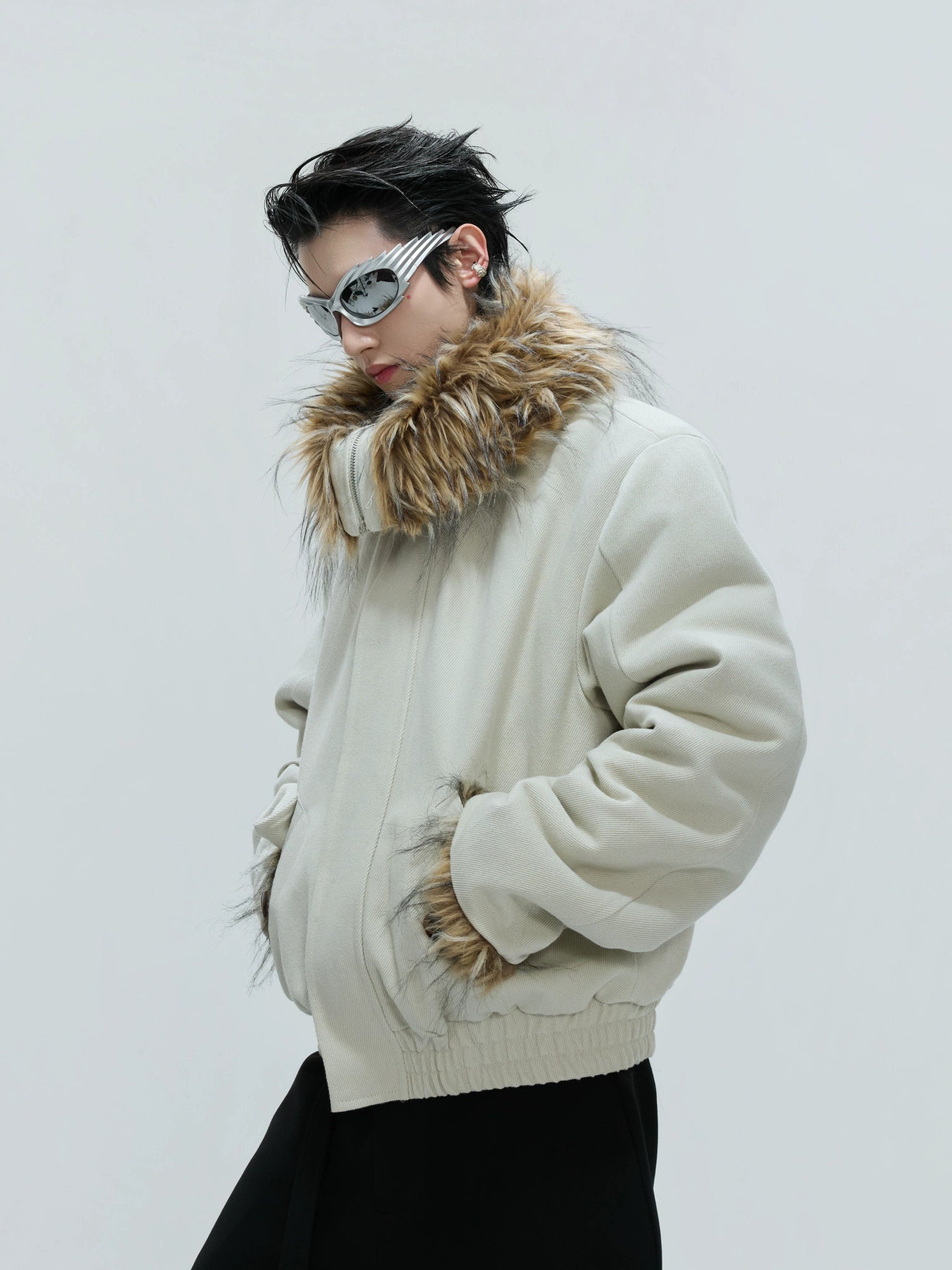 Washed White Fleece-Lined High-Collar Jacket - main image 4