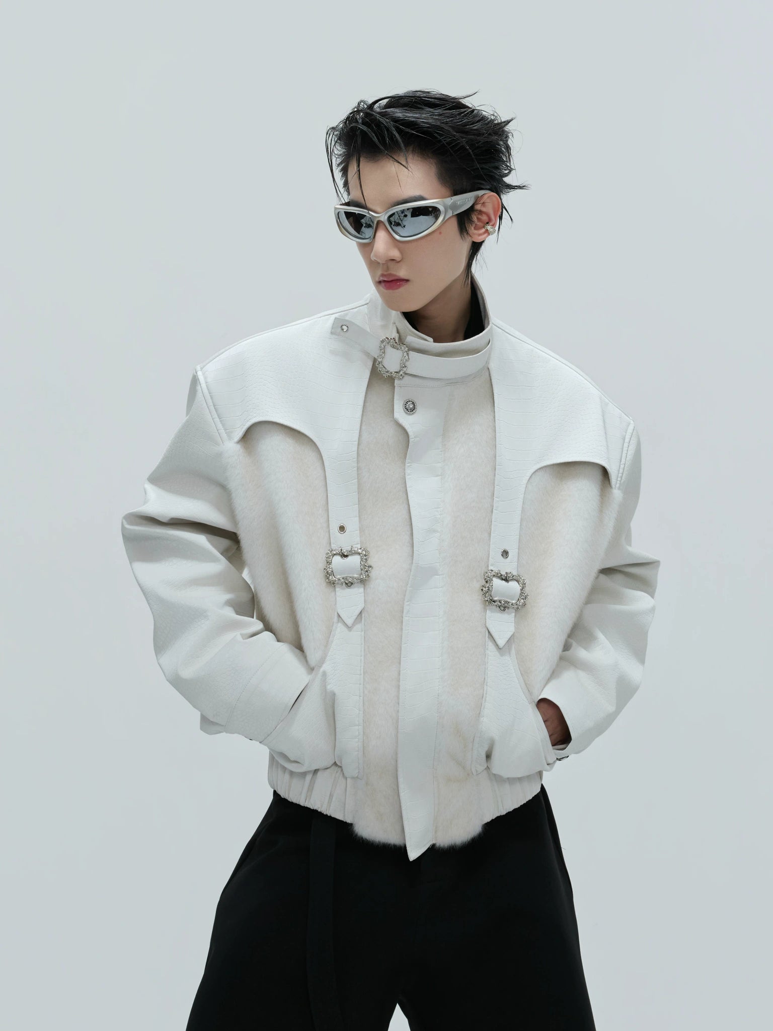 Fleece-Lined PU Faux Leather Zip Jacket With Fur Collar - main image 1