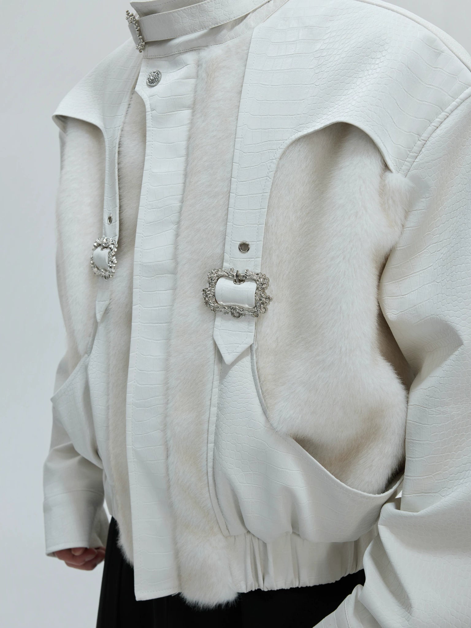 Fleece-Lined PU Faux Leather Zip Jacket With Fur Collar - main image 2