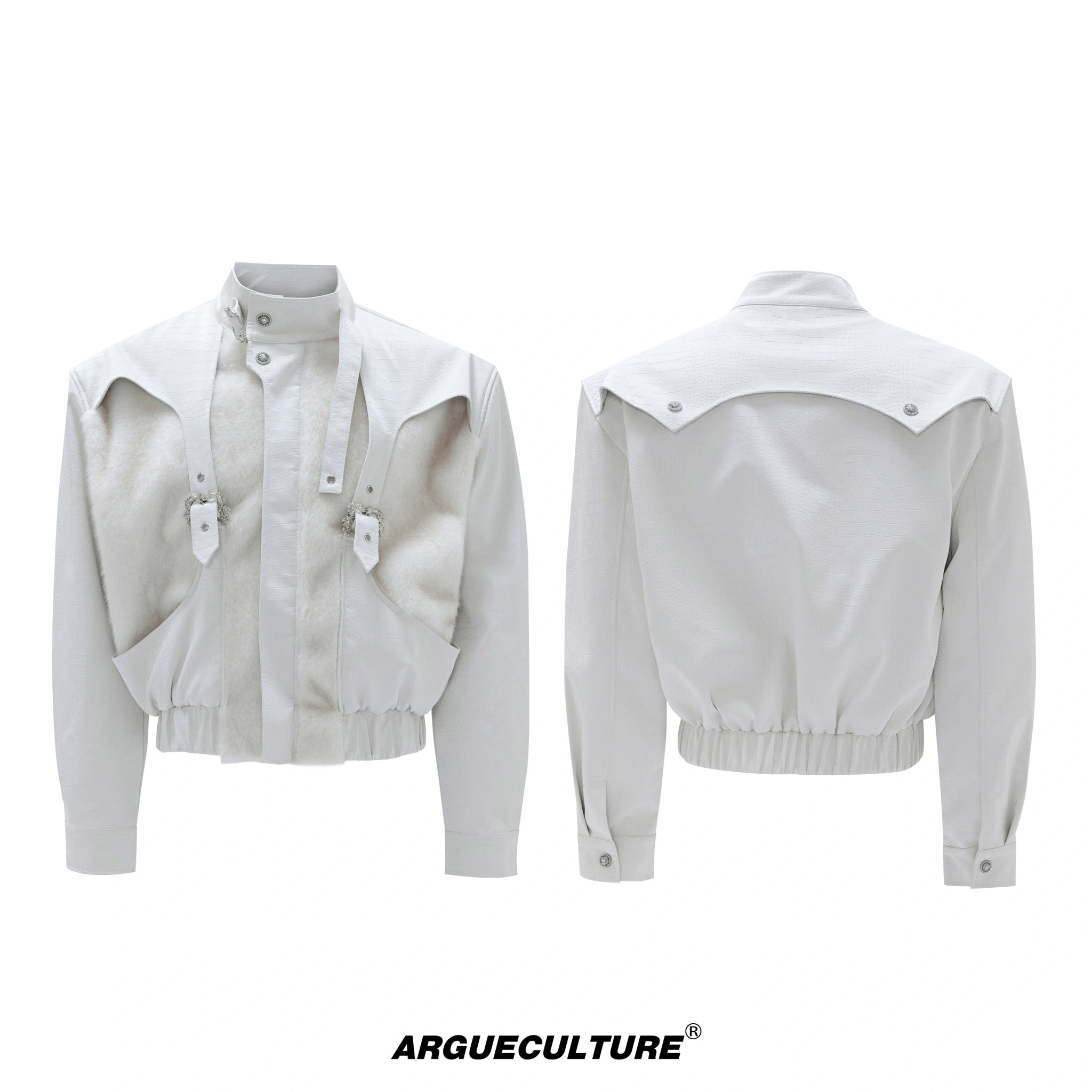 Fleece-Lined PU Faux Leather Zip Jacket With Fur Collar - White