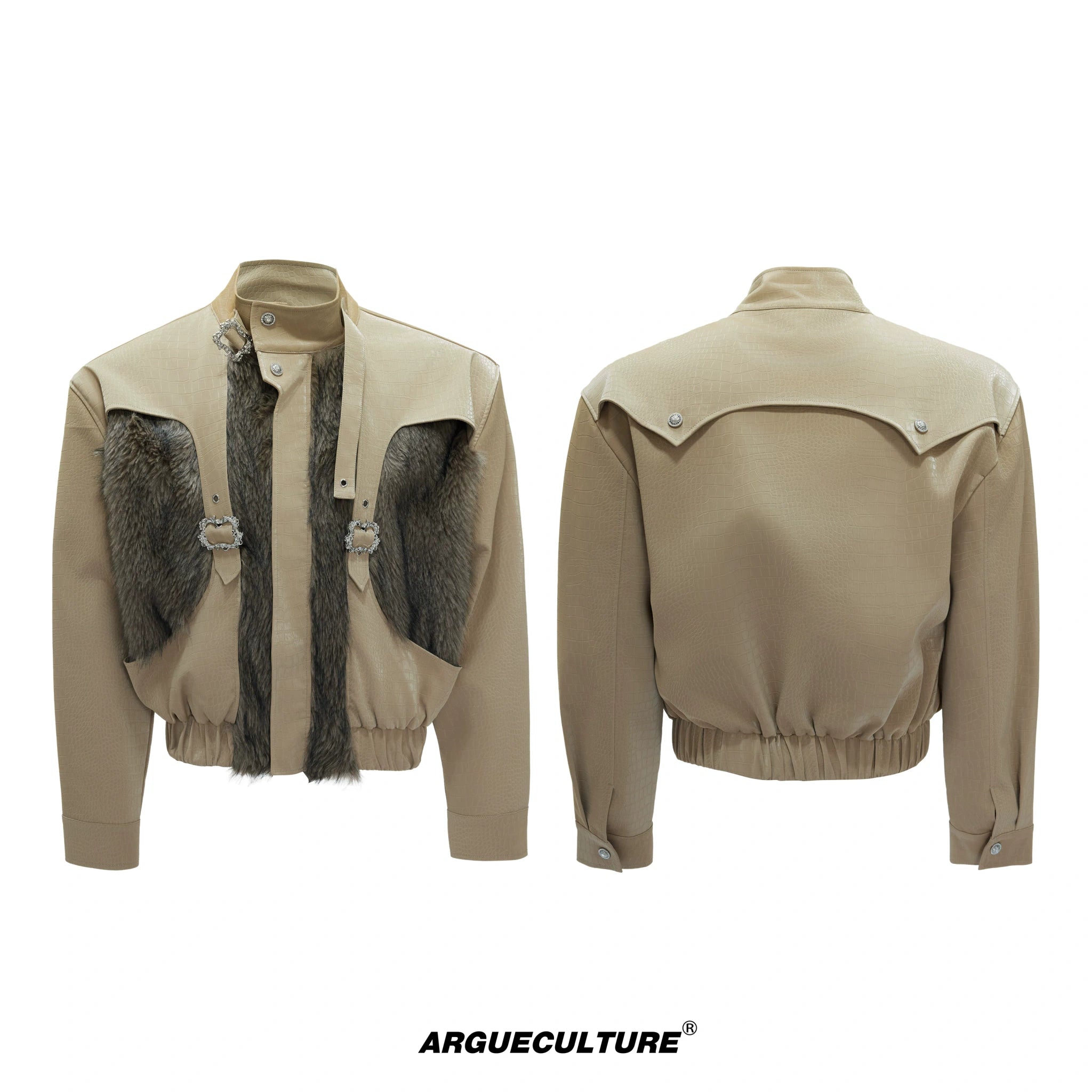 Fleece-Lined PU Faux Leather Zip Jacket With Fur Collar - Khaki