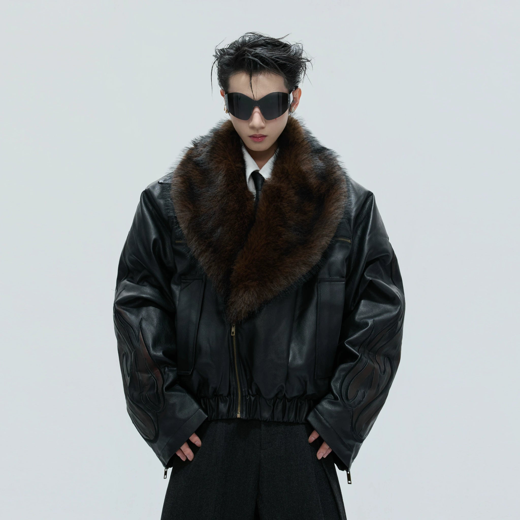 Asymmetric Leather Padded Jacket with Detachable Collar - main image 1