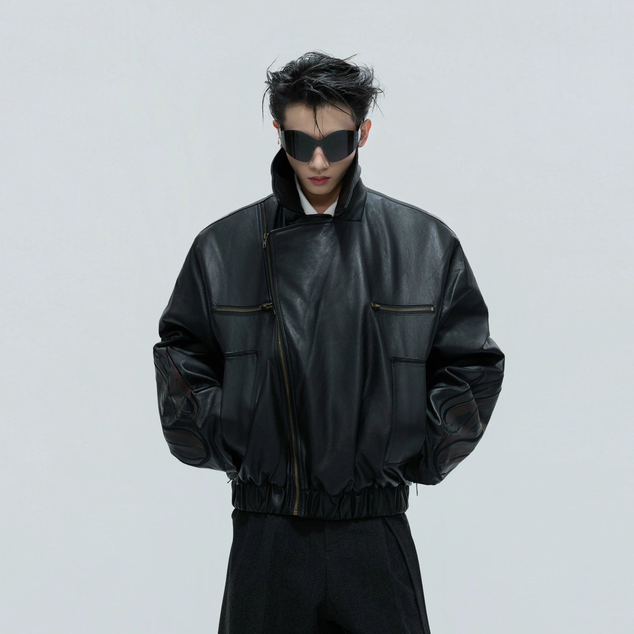 Asymmetric Leather Padded Jacket with Detachable Collar - main image 4