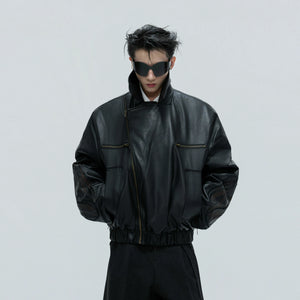 Asymmetric Leather Padded Jacket with Detachable Collar - main image 4