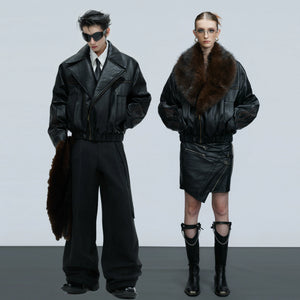 Asymmetric Leather Padded Jacket with Detachable Collar - main image 5