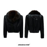Asymmetric Leather Padded Jacket with Detachable Collar - Black Top