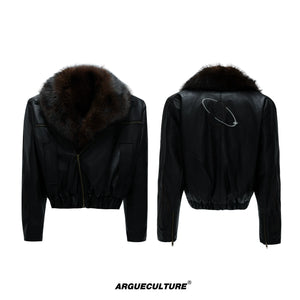 Asymmetric Leather Padded Jacket with Detachable Collar - Black Top