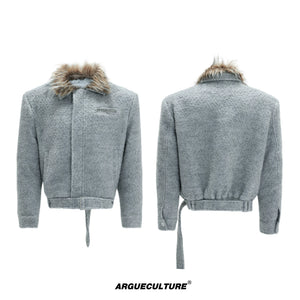 Detachable Collar Wool-Blend Padded Jacket - Gray Top