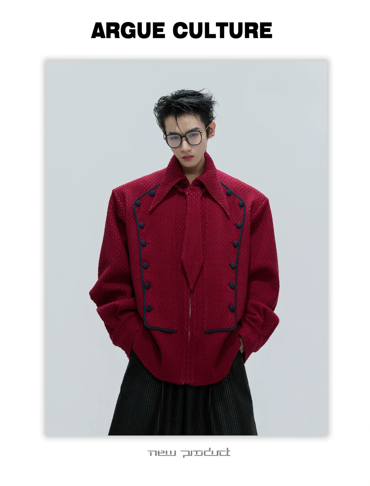 Double-Breasted Wool-Blend Jacket with Detachable Tie - description image 1