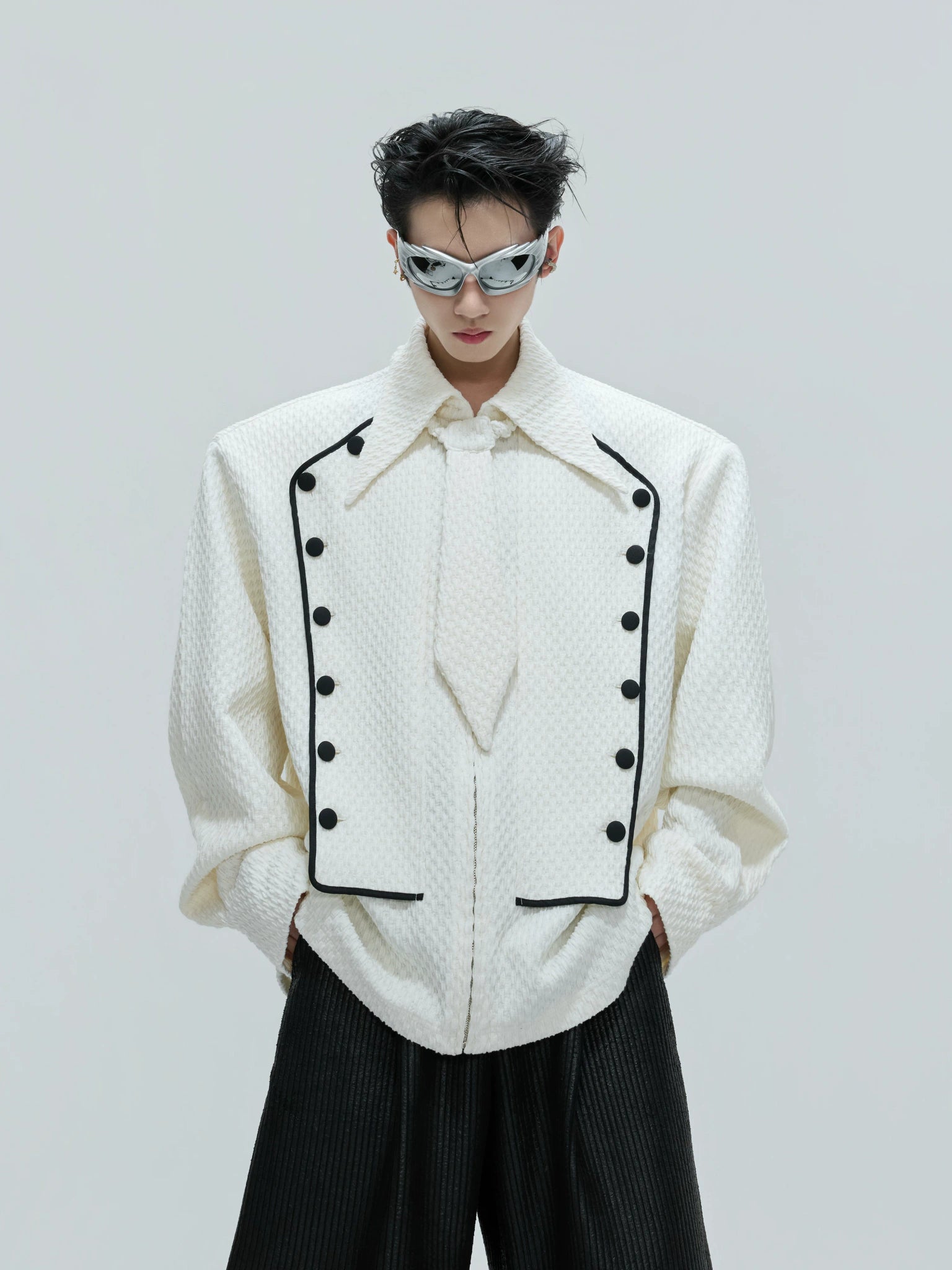 Double-Breasted Wool-Blend Jacket with Detachable Tie - main image 3