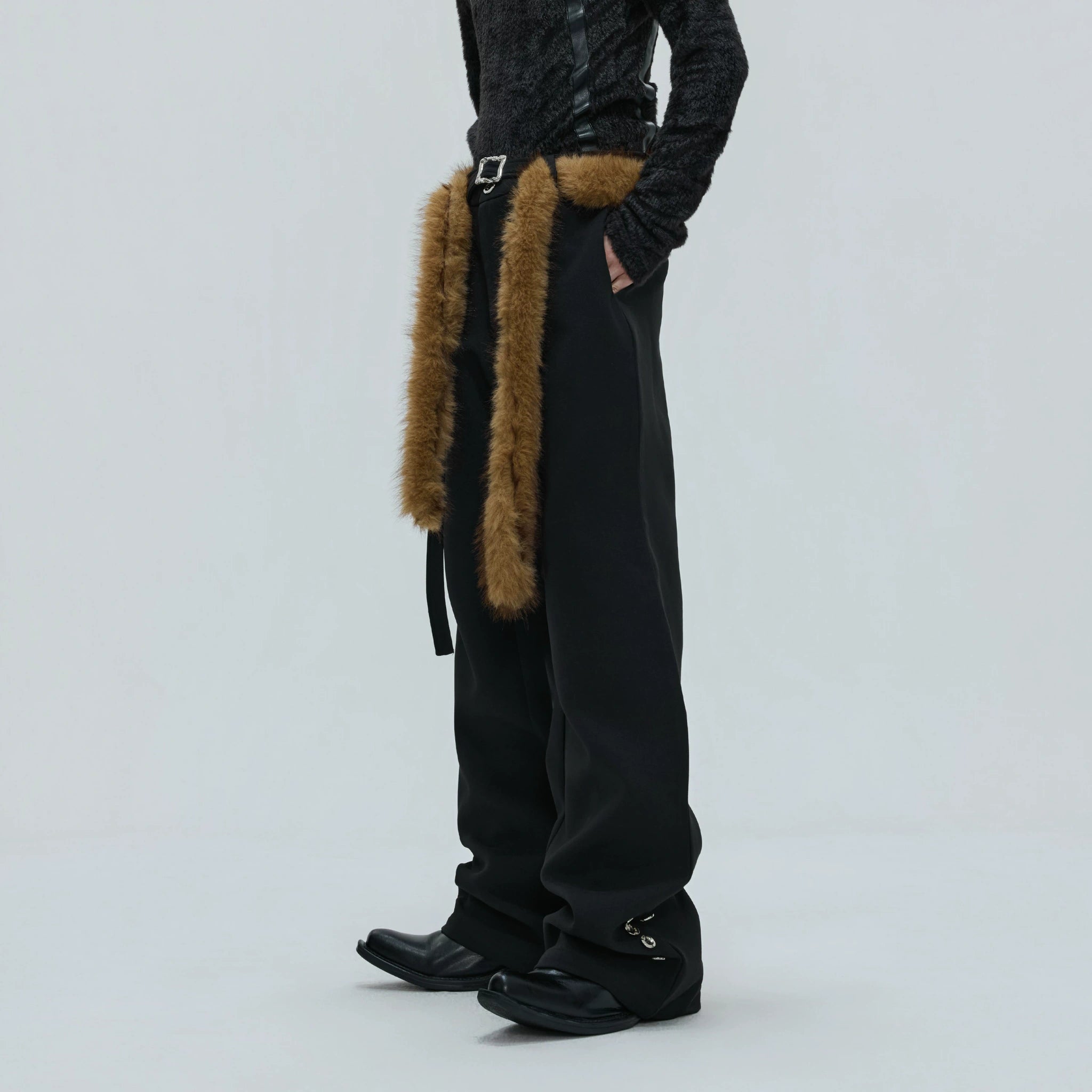 Flared Wool-Blend Trousers with Detachable Fur Waist - main image 3