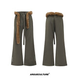 Flared Wool-Blend Trousers with Detachable Fur Waist - Green Pants