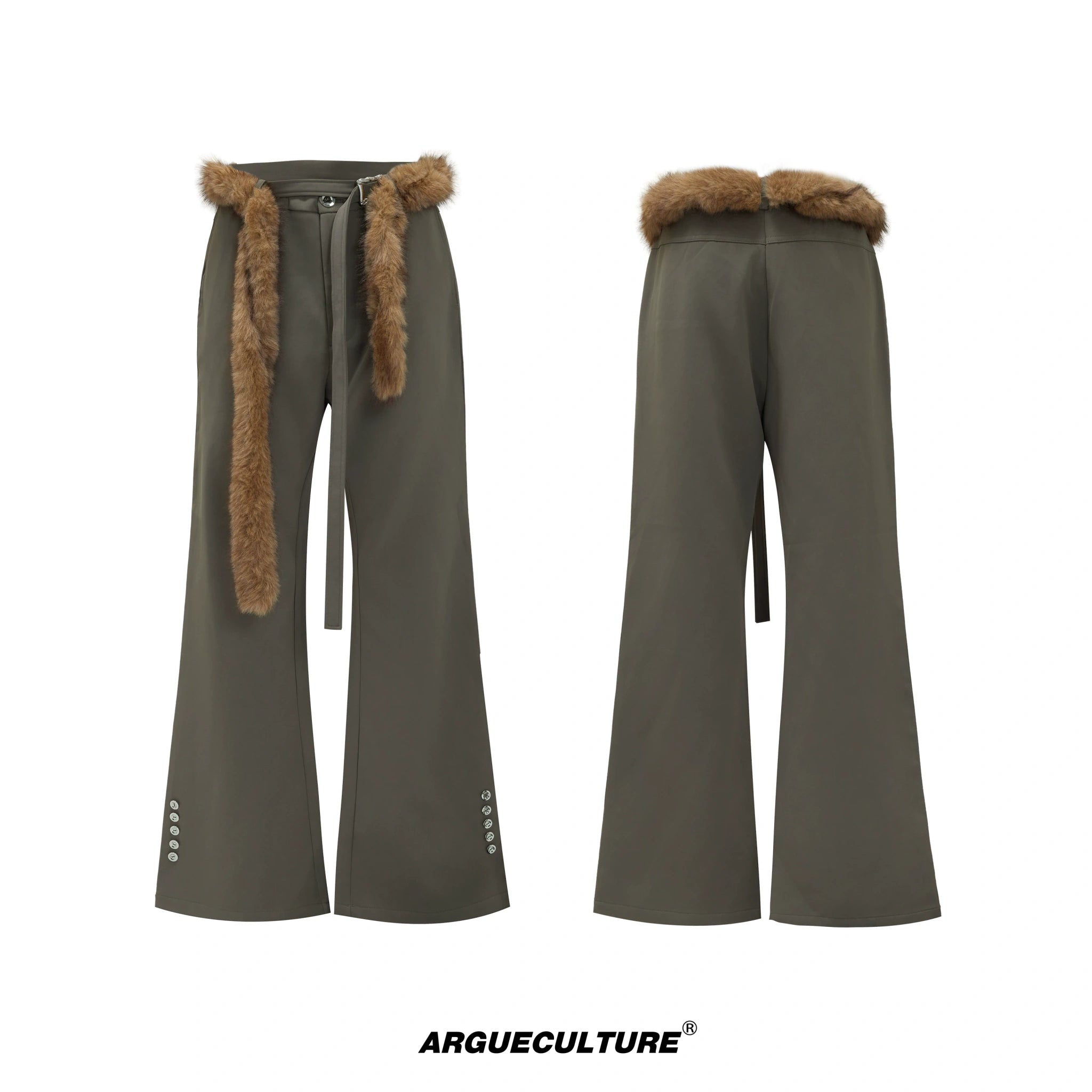 Flared Wool-Blend Trousers with Detachable Fur Waist - Green Pants