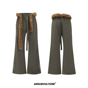 Flared Wool-Blend Trousers with Detachable Fur Waist - Green Pants