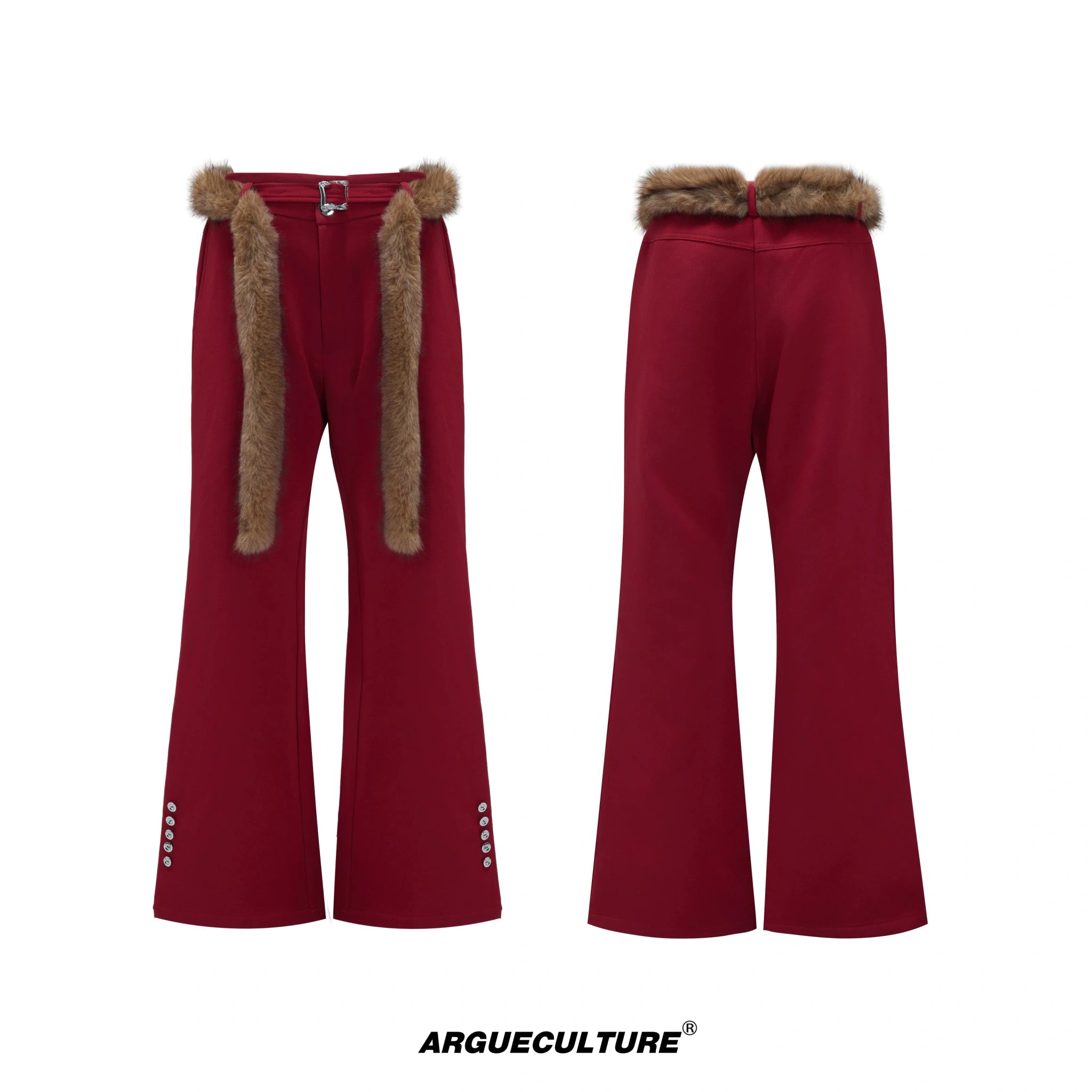 Flared Wool-Blend Trousers with Detachable Fur Waist - Red Pants