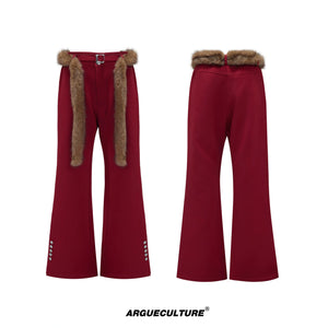 Flared Wool-Blend Trousers with Detachable Fur Waist - Red Pants