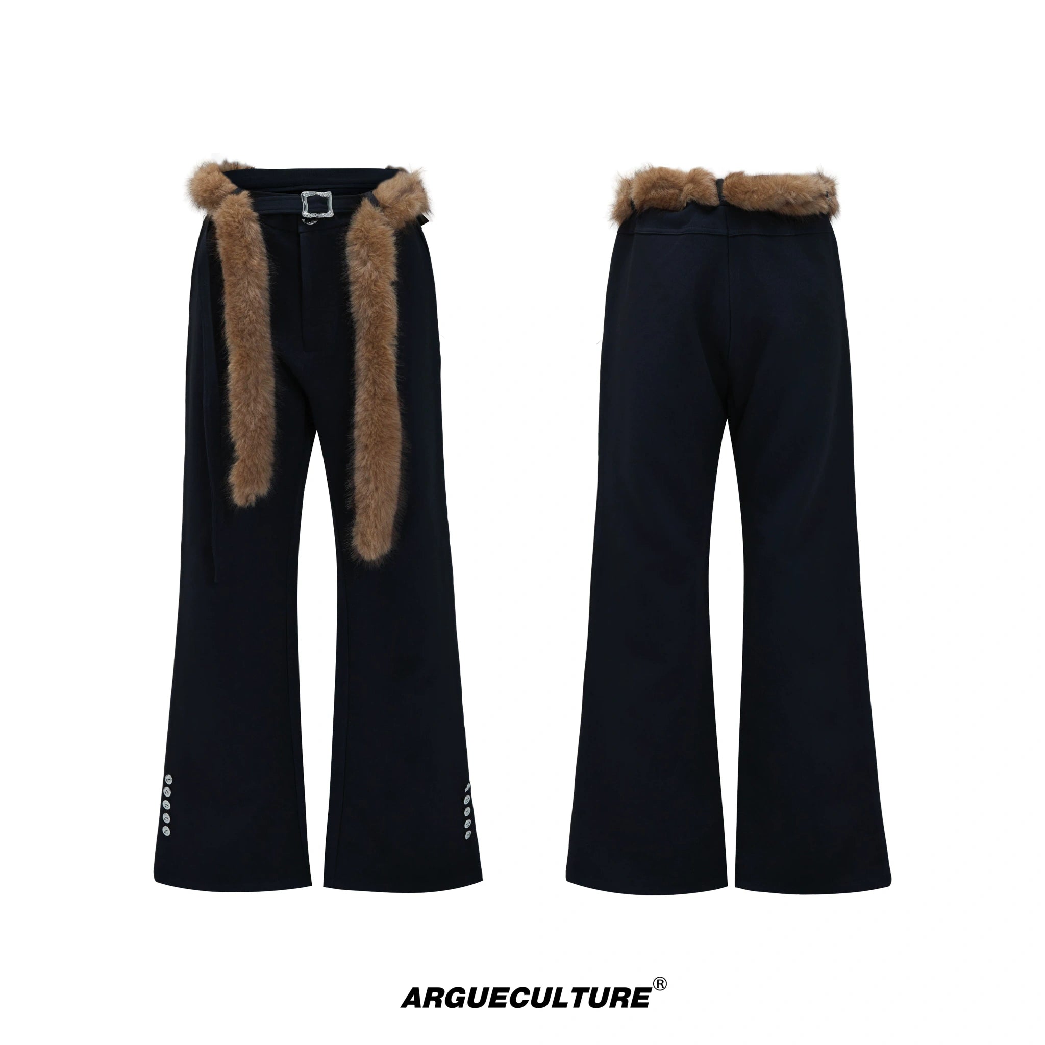 Flared Wool-Blend Trousers with Detachable Fur Waist - Black Pants