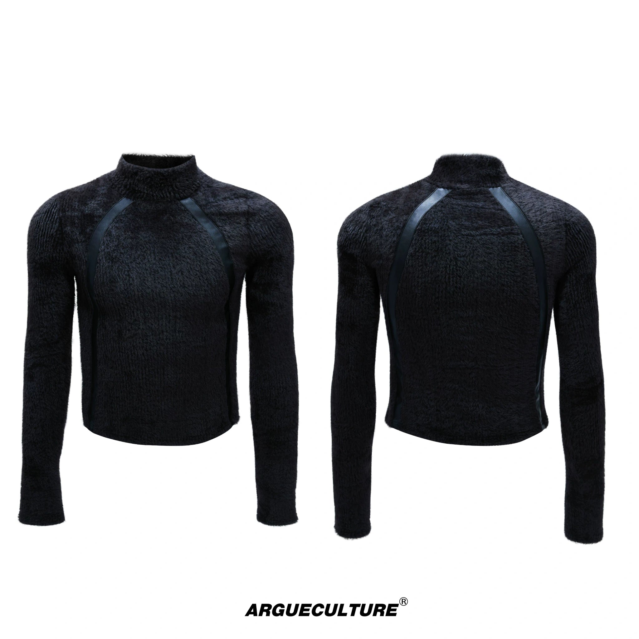 Cropped Plush Wool-Blend Turtleneck Knit Top - Black Top