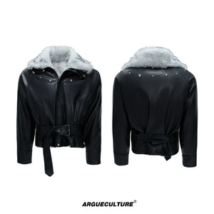 Faux Leather Fur-Collar Short Jacket | Argue Culture - Black Top