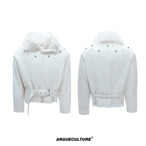 Faux Leather Fur-Collar Short Jacket | Argue Culture - White Top