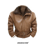 Faux Leather Fur-Collar Short Jacket | Argue Culture - Brown Top