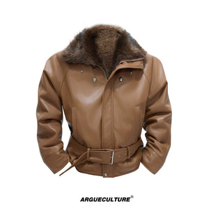 Faux Leather Fur-Collar Short Jacket | Argue Culture - Brown Top
