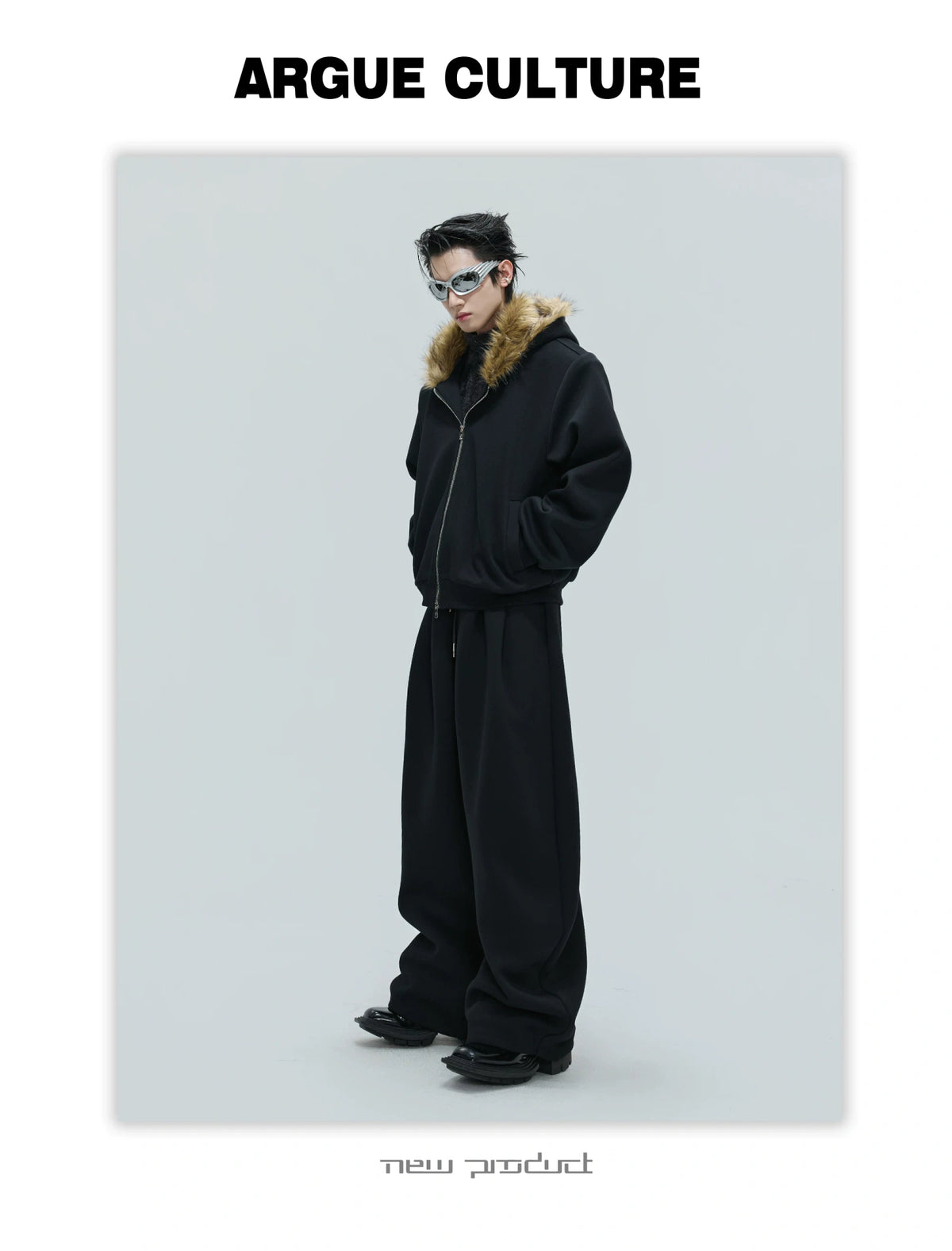 Fur-Collar Hooded Zip Cardigan in Relaxed Cotton - description image 2