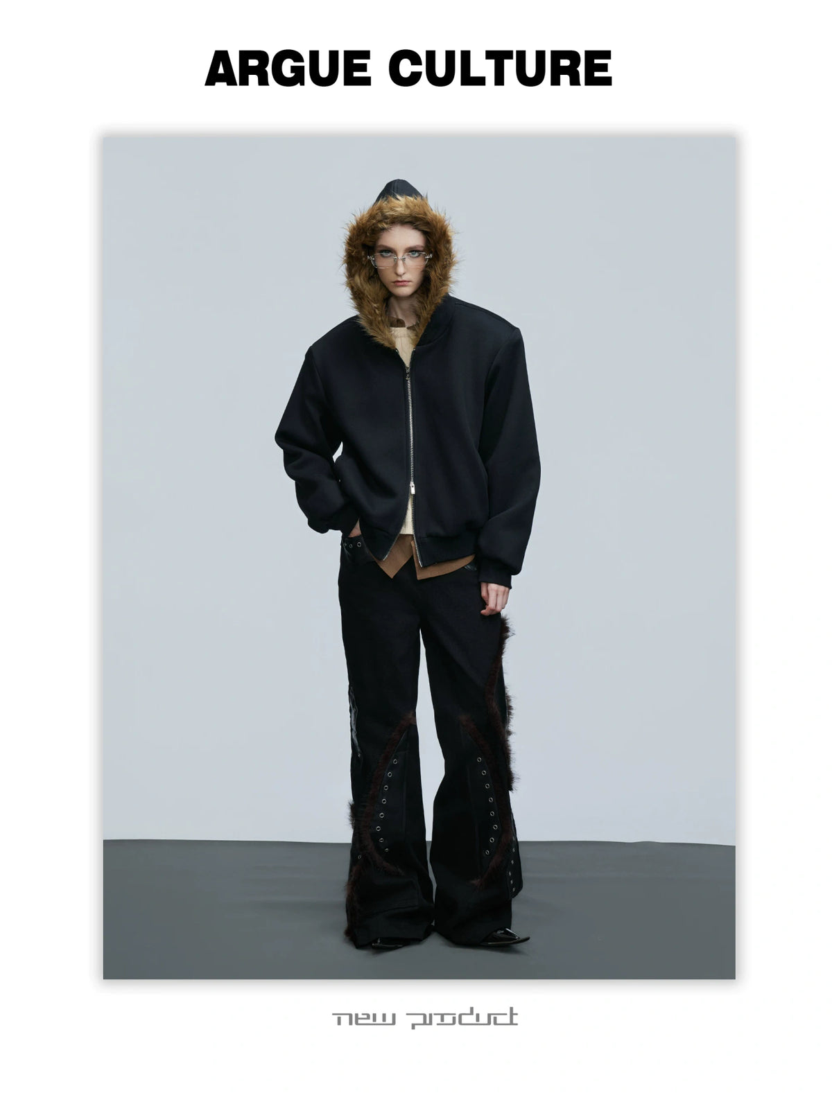 Fur-Collar Hooded Zip Cardigan in Relaxed Cotton - description image 3