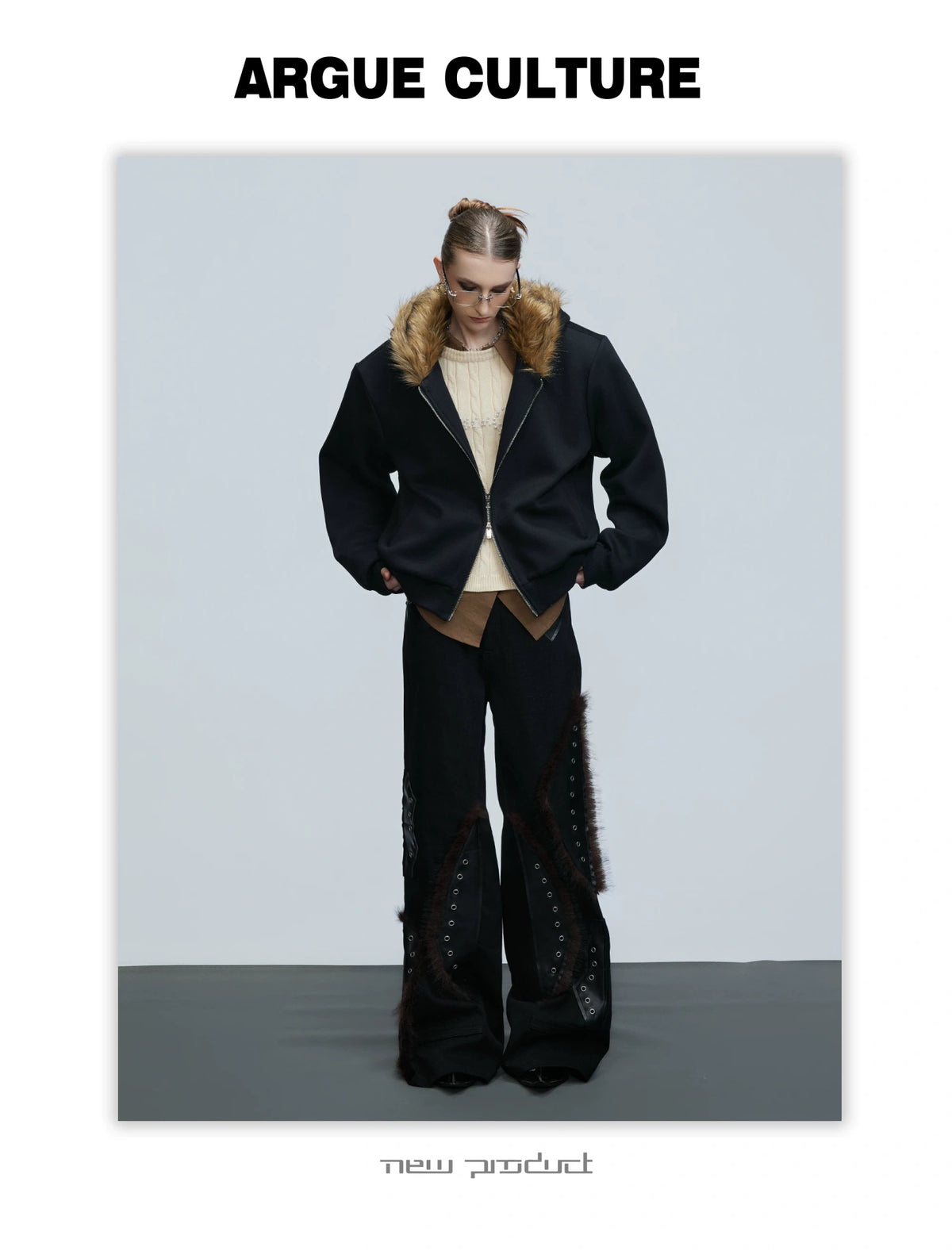 Fur-Collar Hooded Zip Cardigan in Relaxed Cotton - description image 4