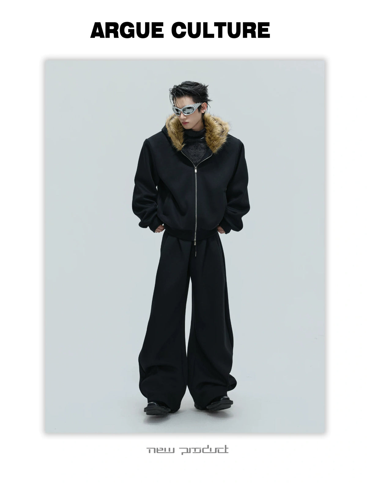 Fur-Collar Hooded Zip Cardigan in Relaxed Cotton - description image 5