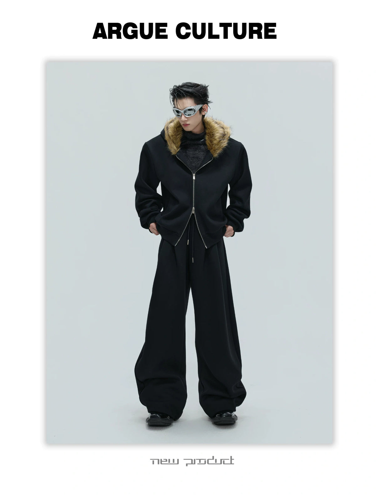 Fur-Collar Hooded Zip Cardigan in Relaxed Cotton - description image 6