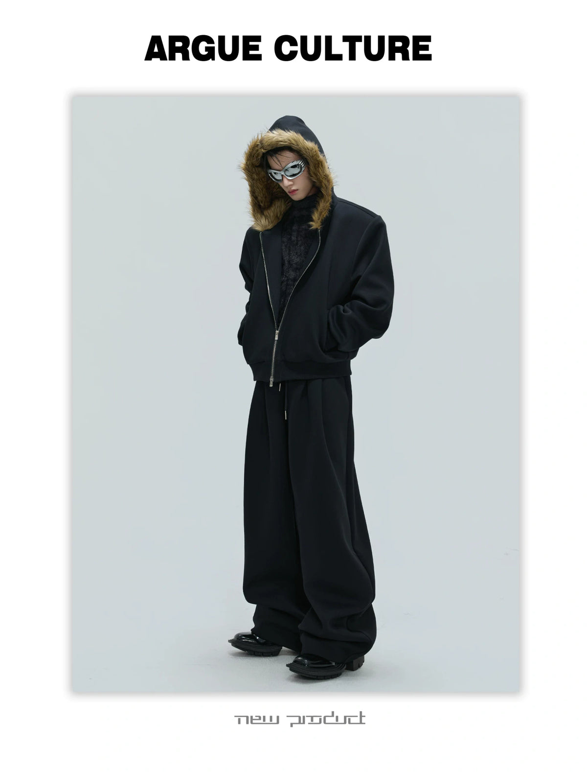 Fur-Collar Hooded Zip Cardigan in Relaxed Cotton - description image 8