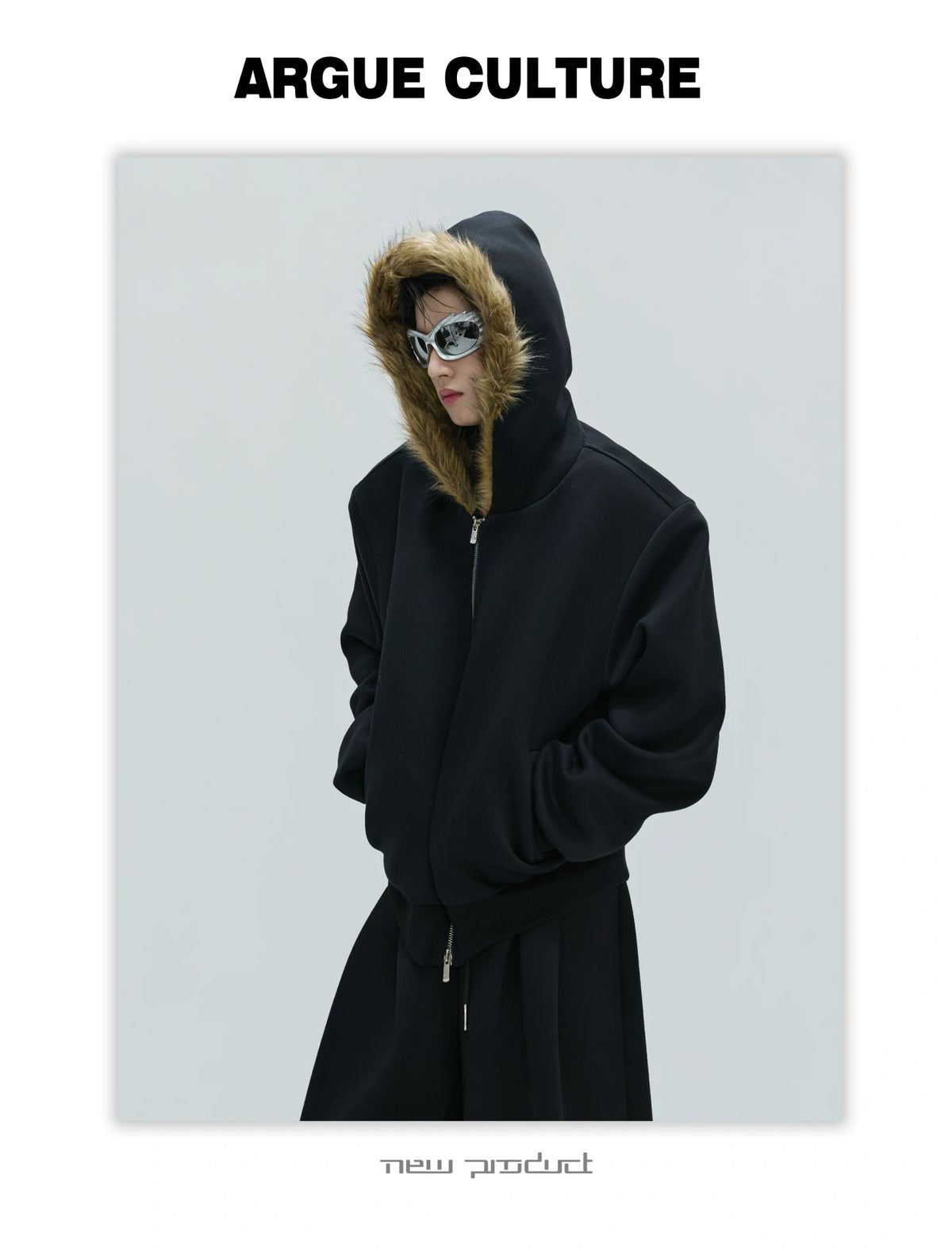 Fur-Collar Hooded Zip Cardigan in Relaxed Cotton - description image 10