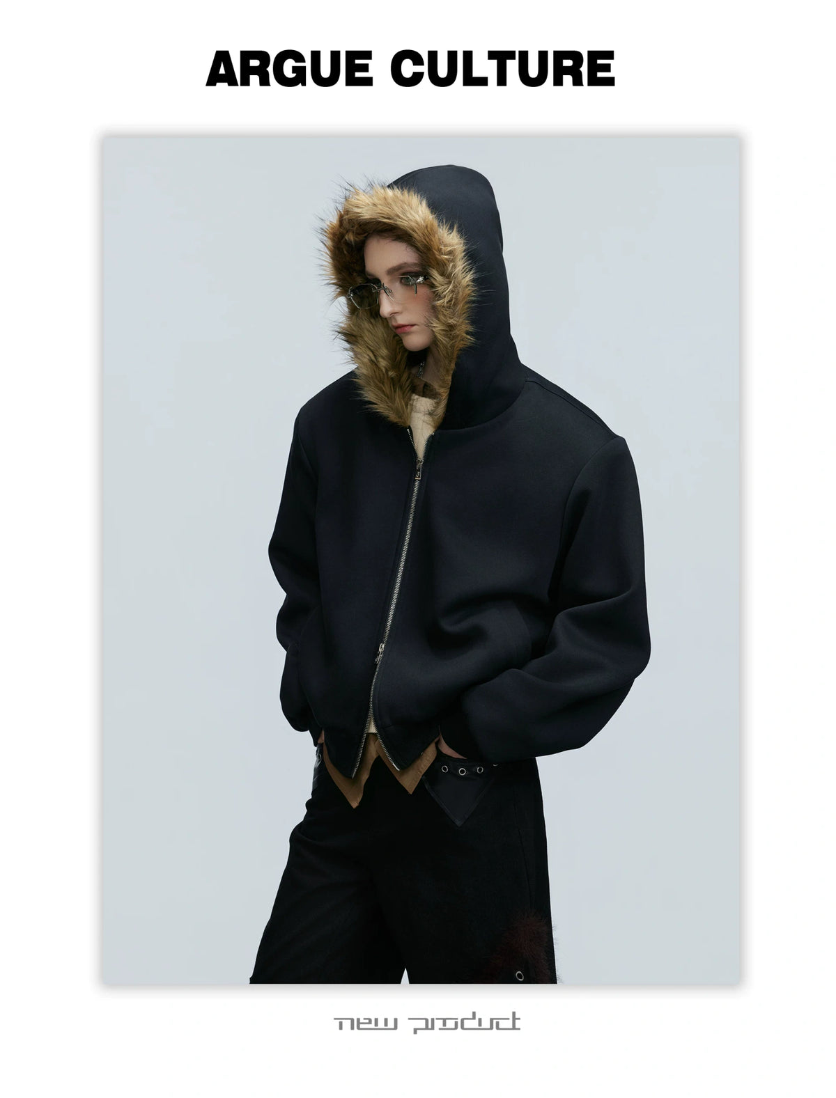 Fur-Collar Hooded Zip Cardigan in Relaxed Cotton - description image 12