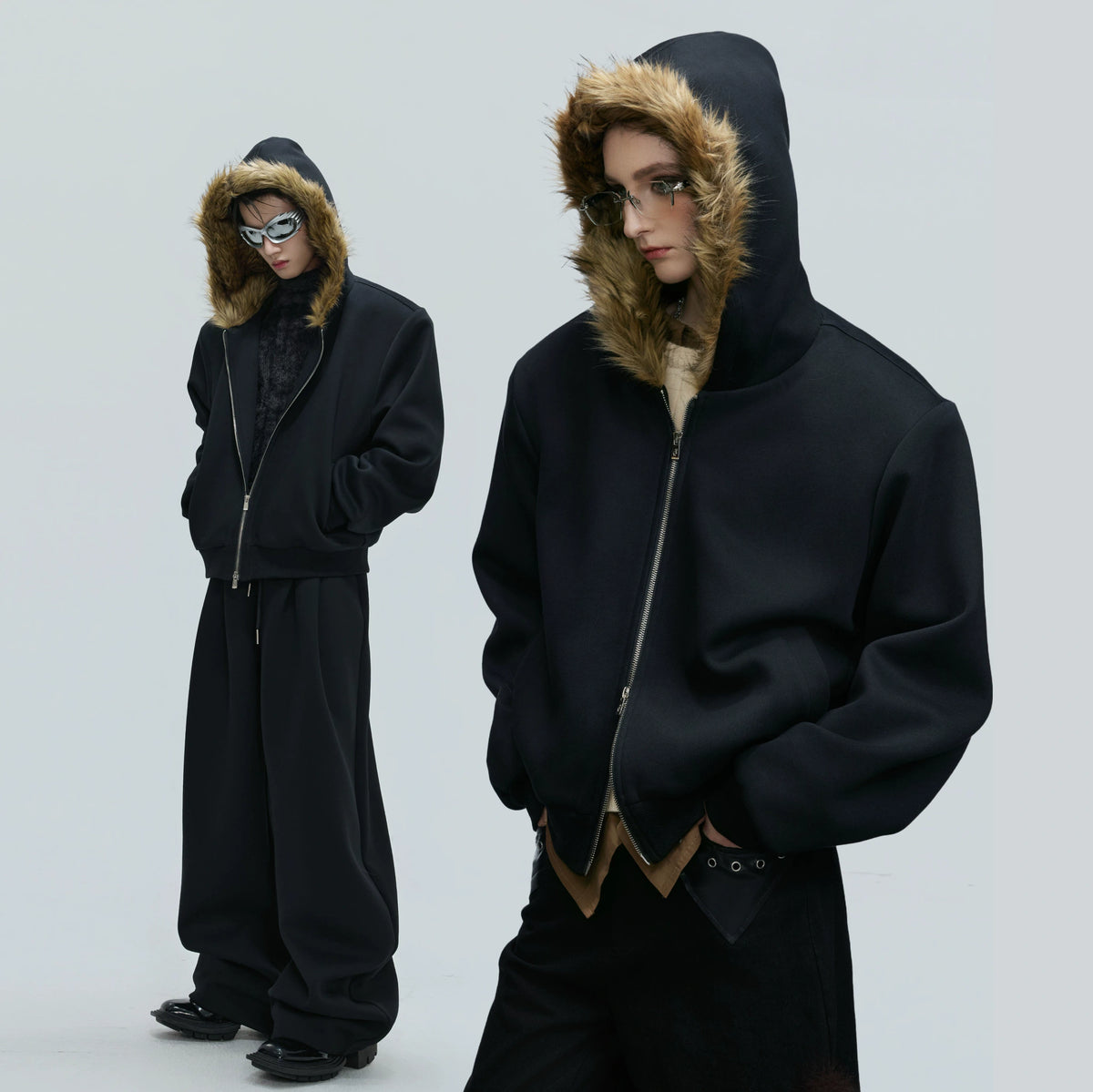 Fur-Collar Hooded Zip Cardigan in Relaxed Cotton - main image 1