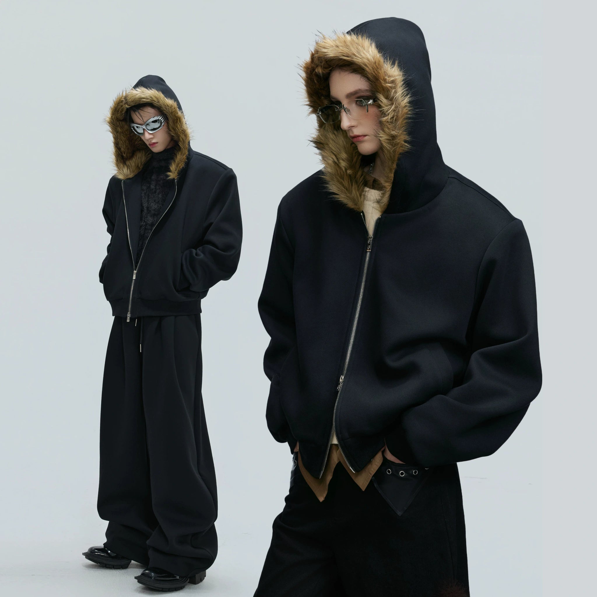 Fur-Collar Hooded Zip Cardigan in Relaxed Cotton - main image 1