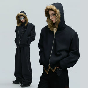 Fur-Collar Hooded Zip Cardigan in Relaxed Cotton - main image 1