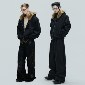 Fur-Collar Hooded Zip Cardigan in Relaxed Cotton - main image 2